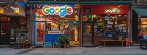 a vibrant storefront with a "google my business" sign displayed prominently, attracting customers with its online visibility optimization.