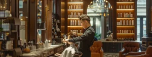 a stylist giving a customer a haircut in a well-decorated salon.