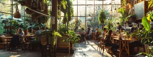 a vibrant local coffee shop buzzing with happy customers leaving glowing reviews, surrounded by lush green plants and cozy seating areas.